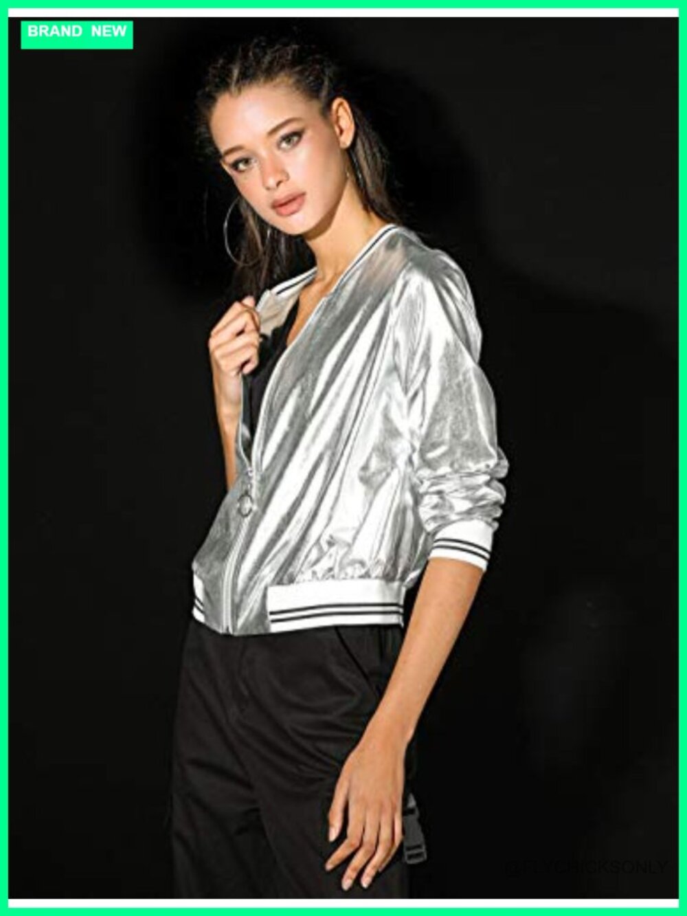 Women's Holographic Metallic Lightweight Zip Bomber Jacket - Picture 3 of 5